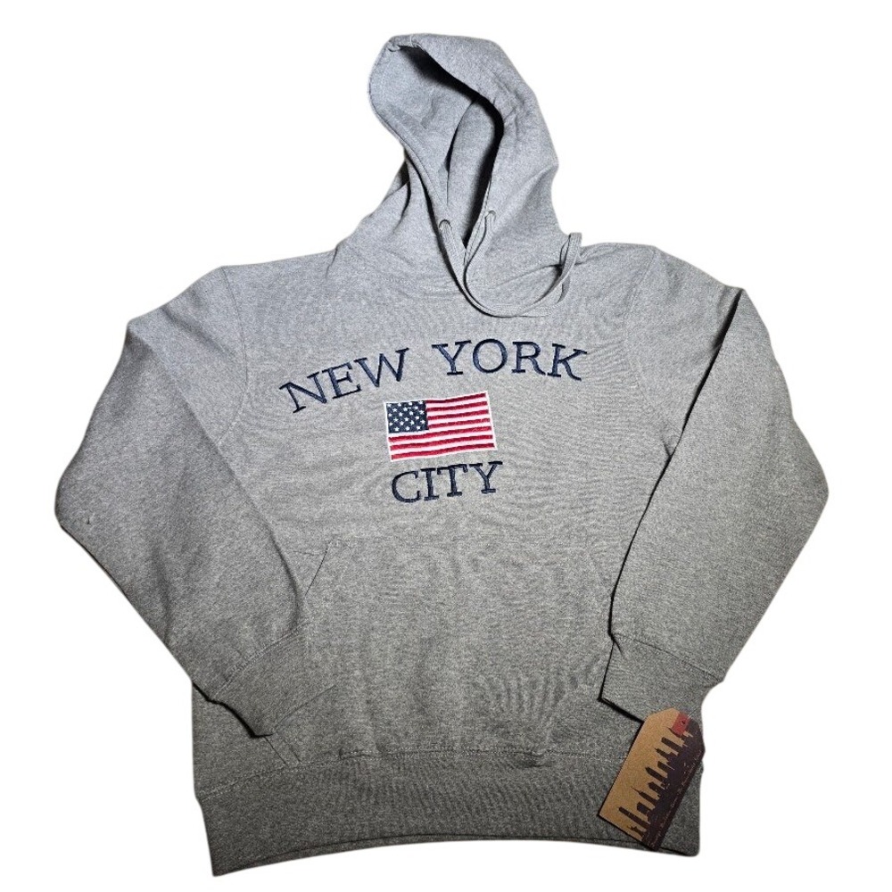 New York Popular Men NWT Gray Hoodie American Flag NYC Embroidered Sweatshirt L